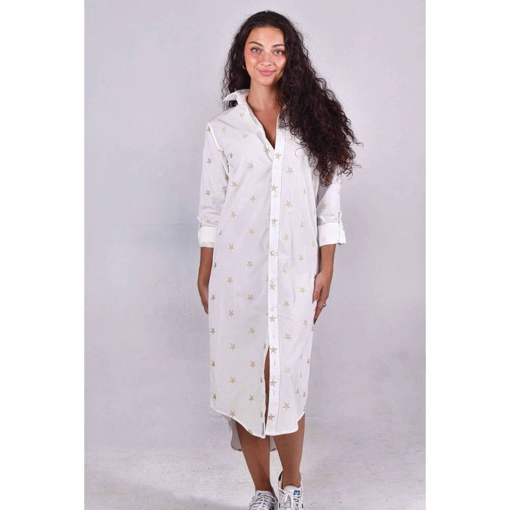 NEW EMILY PHILLIPS cotton girlfriend midi dress in gold star